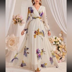 Luxe floral print surplice neck long sleeve maxi dress